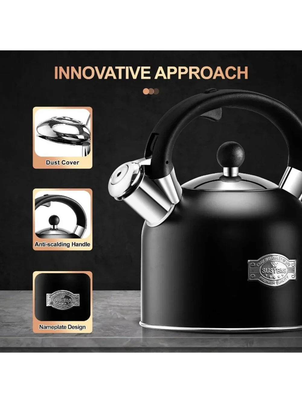 Black Whistling Teakettle 3.17QT Stainless Steel Stovetop with Ergonomic Handle